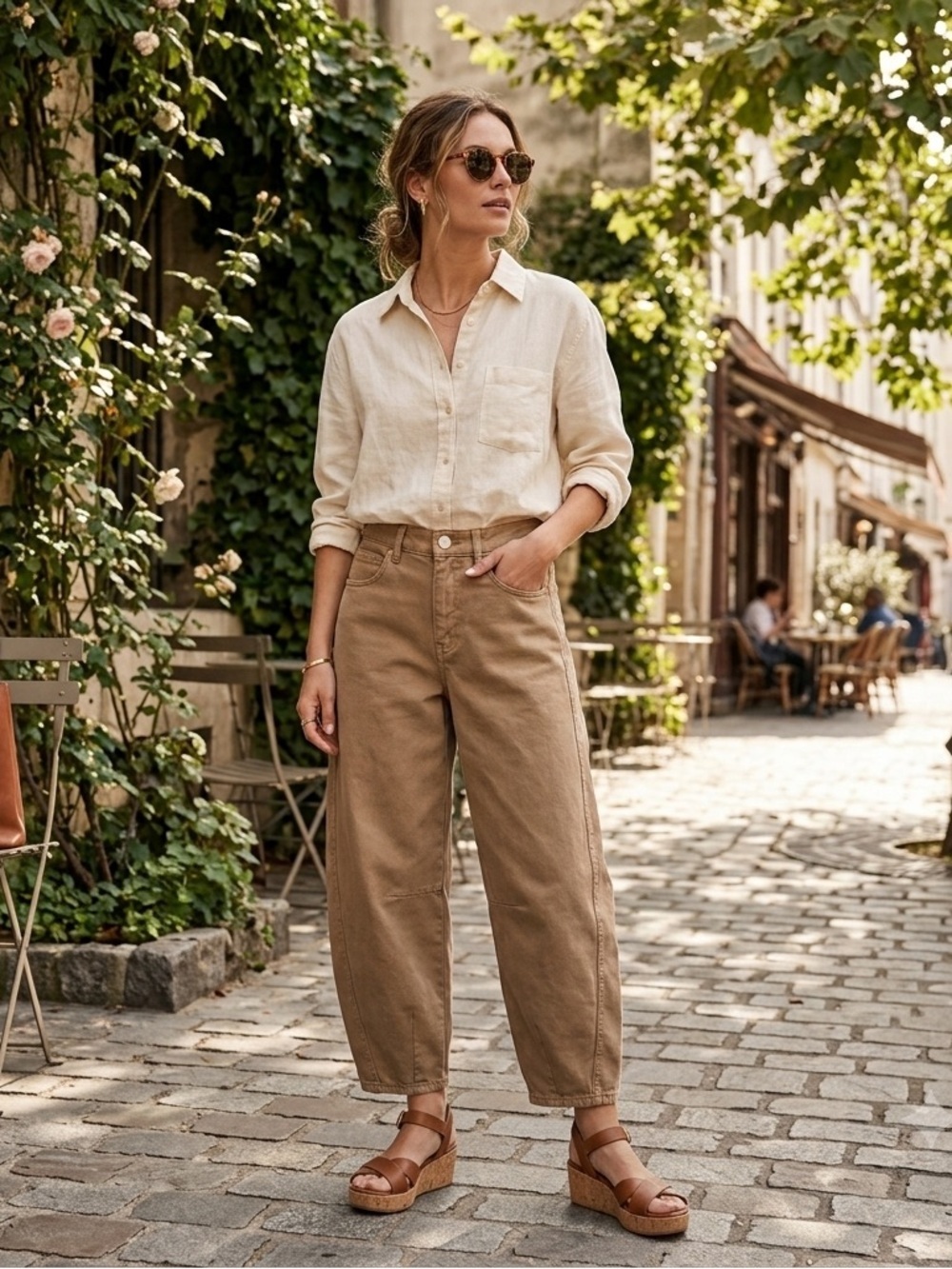 Oat New York Sz 2 Barrel Leg Cropped Khaki Tan Denim Womens Jeans